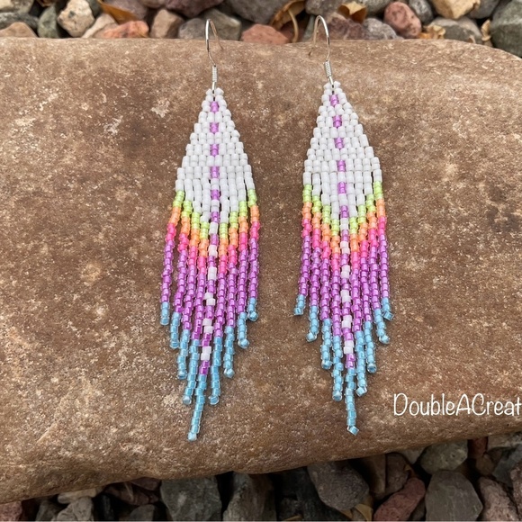 White with Sunset Colors Beaded Earrings with Fringe, New, Handmade by Me - Picture 2 of 6